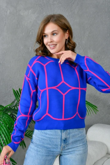 KADIN LACİVERT BİSİKLET YAKA ÇİFT RENKLİ KAZAK