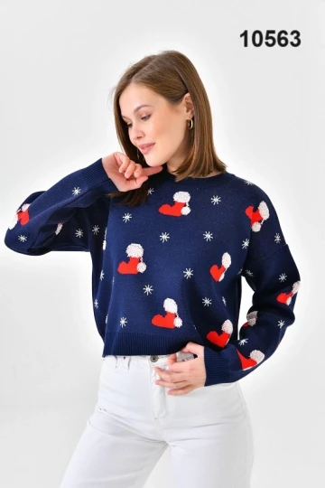 KADIN LACİVERT BİSİKLET YAKA KAR MOTİFLİ KAZAK