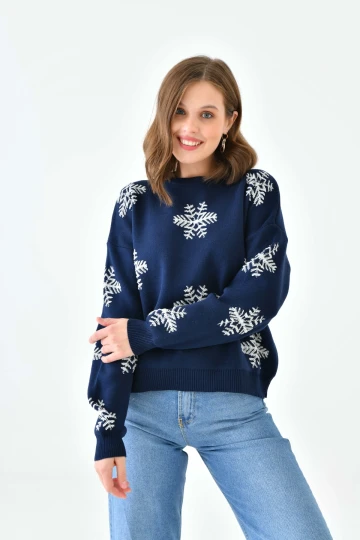 Kadın Kazak Yılbaşı Konseptli Kar Desenli Kazak Lacivert - 10560