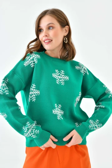 Kadın Kazak Yılbaşı Konseptli Kar Desenli Kazak Yeşil - 10560