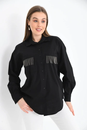 Kadın Siyah Cep Zincir Süslemeli Çift Cep Detaylı Gömlek
