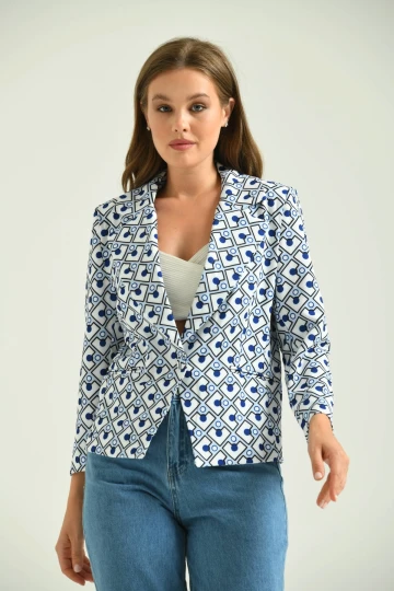 Kadın Blazer Desenli Bel Boy Blazer Ceket Mavi - T027