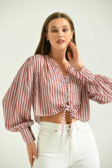 Kadın Gömlek Düğmeli Belden Bağlamalı Saten Gömlek Kiremit - T029