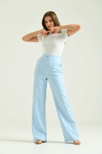 Kadın Pantolon Geniş Paça Likralı Cepli Düğmeli Kadın Pantolon Mavi - T019