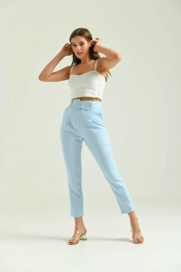 Kadın Pantolon Kemer Detaylı Basic Kadın Pantolon Mavi - T018 