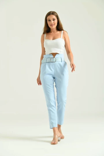 Kadın Pantolon Yüksel Bel Kemer Detay Havuç Pantolon Mavi - T016