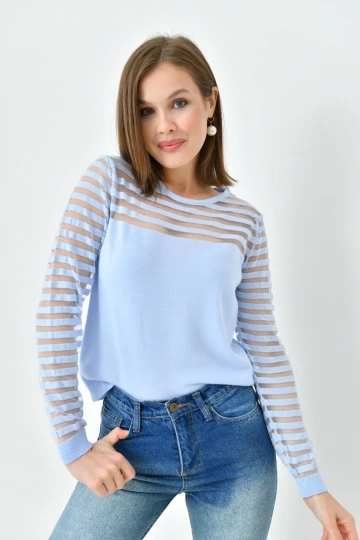 Kadın Triko Kazak Bisiklet Yaka Omuz ve Kol Detaylı Triko Kazak Bebe Mavi - 10757