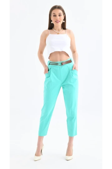 KADIN MİNT Deri Kemerli Dar Paça  Pantolon