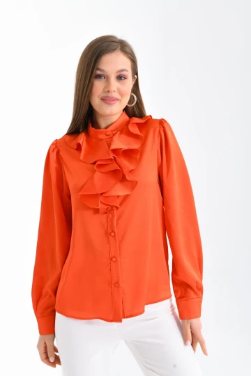 Kadın Gömlek Pudra Volan Yaka Saten Gömlek Nar - 33033