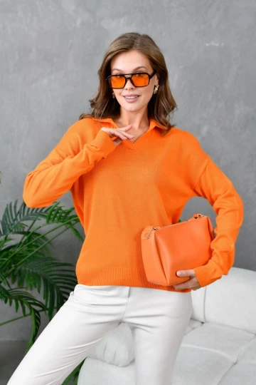 KADIN ORANGE V YAKALI KOL VE BEL LASTİKLİ TEK RENK KAZAK