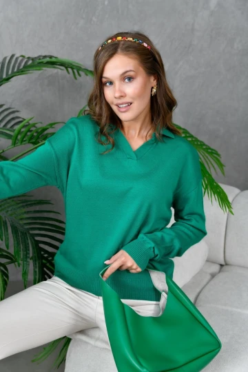 KADIN B.YEŞİL V YAKALI KOL VE BEL LASTİKLİ TEK RENK KAZAK