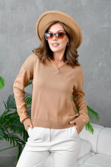 KADIN CAMEL V YAKALI KOL VE BEL LASTİKLİ TEK RENK KAZAK