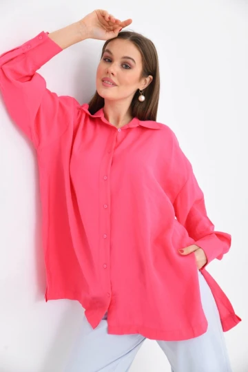 Şık Kadın Yan Yırtmaçlı Cepsiz Gömlek Fuşya - 23027