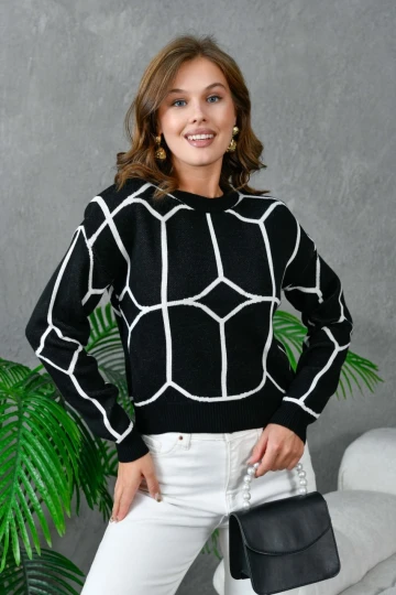 KADIN SİYAH BİSİKLET YAKA ÇİFT RENKLİ KAZAK