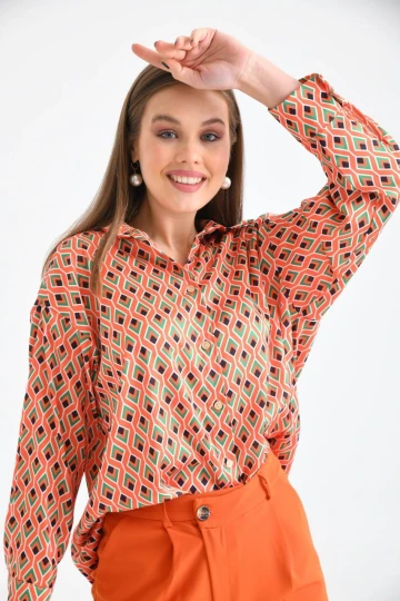 Kadın Gömlek Uzun Kollu Desenli Saten Gömlek Turuncu - 23005