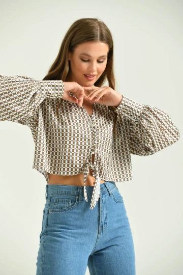 Kadın Gömlek Düğmeli Belden Bağlamalı Saten Gömlek Kahve - T029