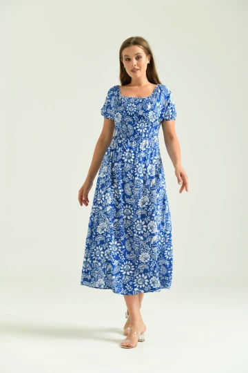 Kadın Saks Kare Yaka Desenli Elbise