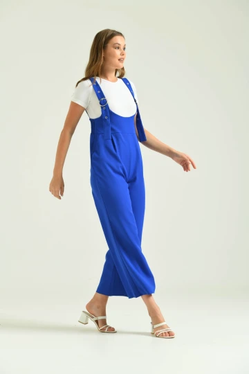 Kadın Saks Mavi Bol Kesim Askılı Tulum Elbise