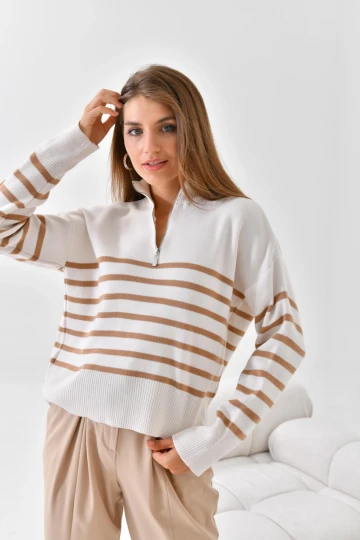 10341 KADIN CAMEL YAKALI FERMUARLI ÇİZGİLİ DESENLİ  KAZAK