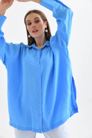 Şık Kadın Yan Yırtmaçlı Cepsiz Gömlek Saks Mavi - 23027