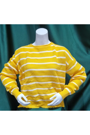 KADIN SARI BİSİKLET YAKA ÇİZGİLİ BEL KOL LASTİKLİ KAZAK