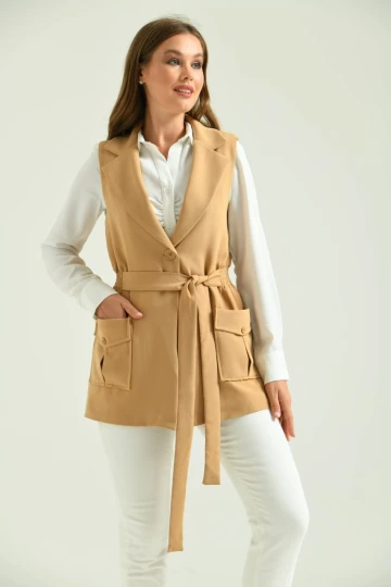 Kadın Cepli Yelek Belden Büzgülü Kemerli Çift Cep Kadın Yelek Camel - T110