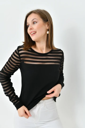 Kadın Triko Kazak Bisiklet Yaka Omuz ve Kol Detaylı Triko Kazak Siyah - 10757