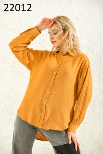 Kadın Hardal Çizgili Desenli Düşük Omuz Kışlık Gömlek