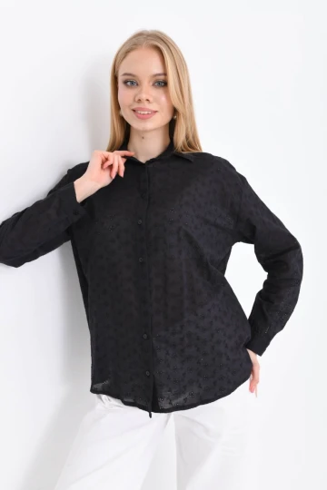 Motifli Kadın Gömlek Delikli Desen Klasik Kadın Gömlek Siyah - 23081