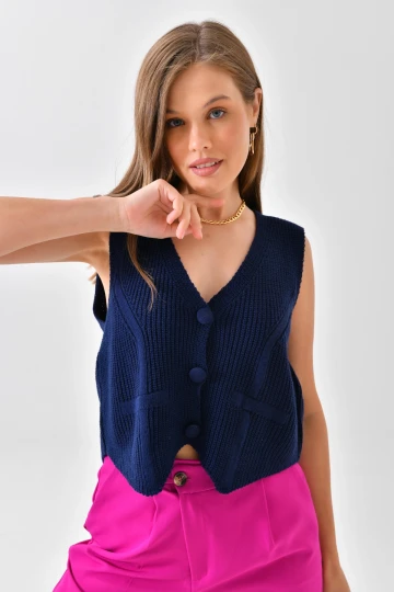 Kadın Yelek Düğmeli Kolsuz Triko Yelek Lacivert - 8072SW