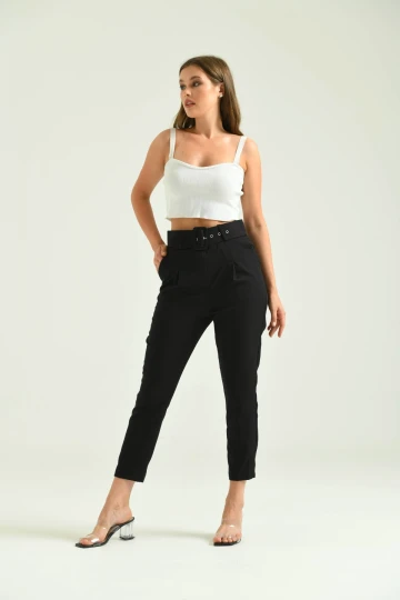 Kadın Pantolon Kemer Detaylı Basic Kadın Pantolon Siyah - T018