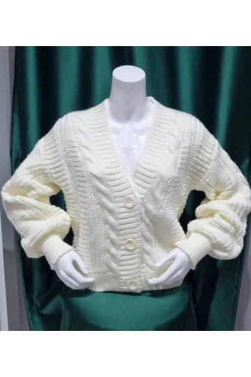 KADIN KEMİK V YAKA DÜĞMELİ DESENLİ KISA  TRİKO CEKET