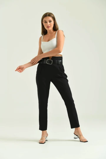 Kadın Pantolon Yüksel Bel Kemer Detay Havuç Pantolon Siyah - T016