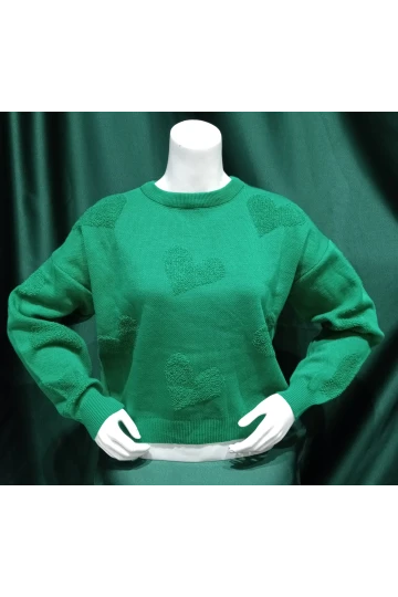 10318 KADIN YEŞİL BİSİKLET YAKA KALP DESENLİ KAZAK