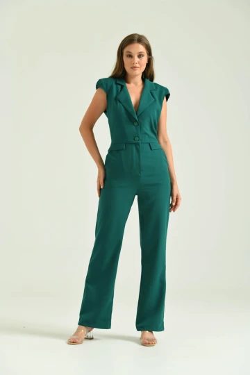 Kadın Tulum Elbise Ceket Yaka Kumaş Tulum Elbise Yeşil - T106