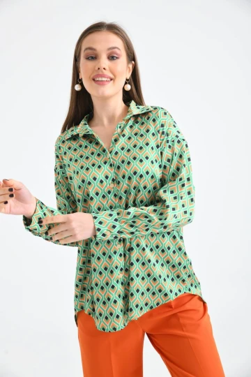 Kadın Gömlek Uzun Kollu Desenli Saten Gömlek Yeşil - 23005