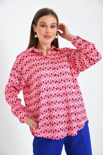 Kadın Gömlek Uzun Kollu Desenli Saten Gömlek Fuşya - 23005