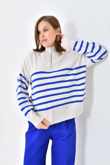 10341 KADIN SAKS YAKALI FERMUARLI ÇİZGİLİ DESENLİ  KAZAK