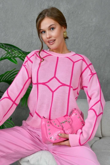 KADIN PEMBE BİSİKLET YAKA ÇİFT RENKLİ KAZAK