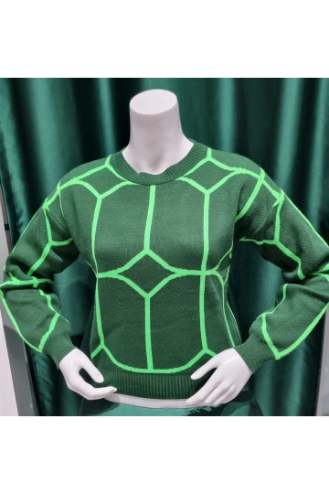 KADIN ZÜMRÜT BİSİKLET YAKA ÇİFT RENKLİ KAZAK