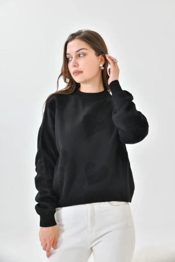 10318 KADIN SİYAH BİSİKLET YAKA KALP DESENLİ KAZAK