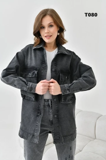 Kadın Kot Ceket Çift Cep Uzun Kadın Kot Ceket Açık Mavi - T080