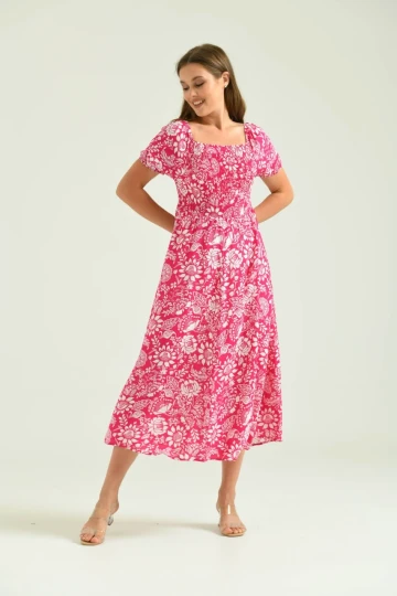 T097 FUŞYA YAKA KOL VE BEL  LASTİK BÜZGÜLÜ KISA KOLLU KARE YAKA UZUN ELBİSE