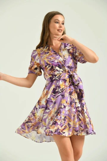 T112 MOR V YAKA KISA BALON KOL BEL KEMERLİ DİZ ALTI ELBİSE