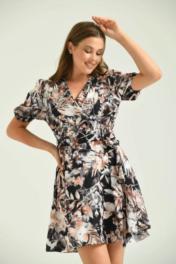 T112 KAHVE V YAKA KISA BALON KOL BEL KEMERLİ DİZ ALTI ELBİSE