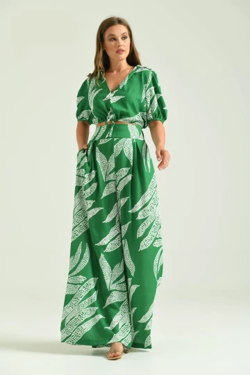 T113 B.YEŞİL CROP TARZI BELDEN BAĞLAMALI DESENLİ PANTOLONLU TAKIM