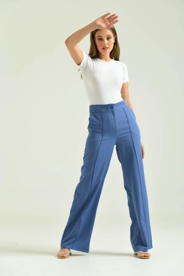 Kadın Pantolon Geniş Paça Likralı Cepli Düğmeli Kadın Pantolon Koyu Mavi - T019