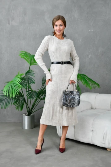 Kadın Elbise Bisiklet Yaka Midi Boy Elbise Taş - 10823