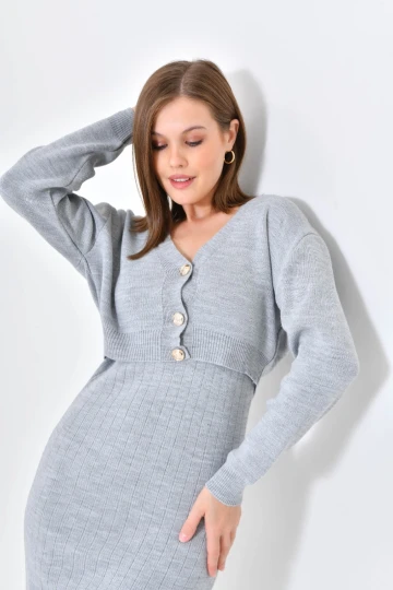 Kadın Ceket Askılı Elbise Triko Takım Gri - 8009