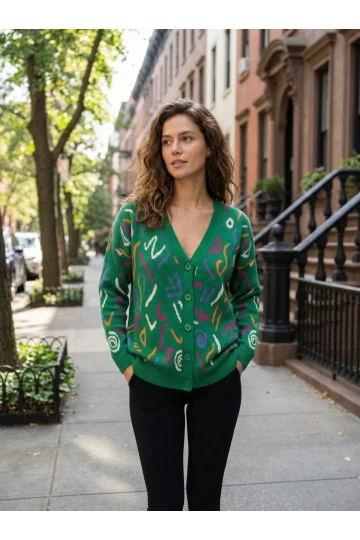 Kadın Ceket Renkli Desenli V Yaka Düğmeli Kadın Ceket
